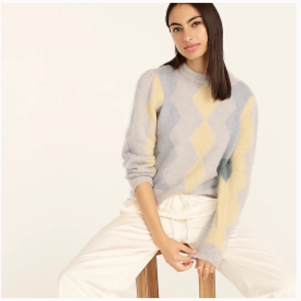 J. CREW Diamond-Checked Argyle Cropped Crewneck Sweater Blue Green Yellow Size L